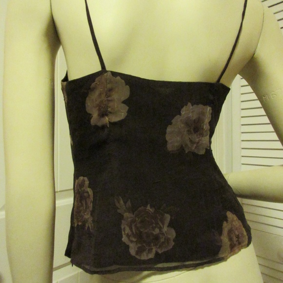 Y2K Vintage 90s Womens V-Neck Floral Top 6 P Made USA Spaghetti Cami Dark Brown - Picture 6 of 8